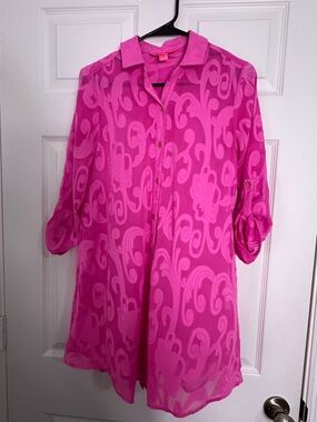 Lilly Pulitzer Pink Silk Jacquard Button Down Tunic Top - Size XXS